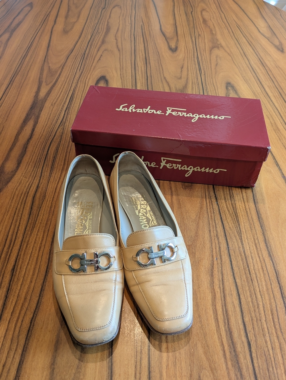 Salvatore Ferragamo Forever Shoes, Natural Nappa Calf, Silver Logo, Size 9